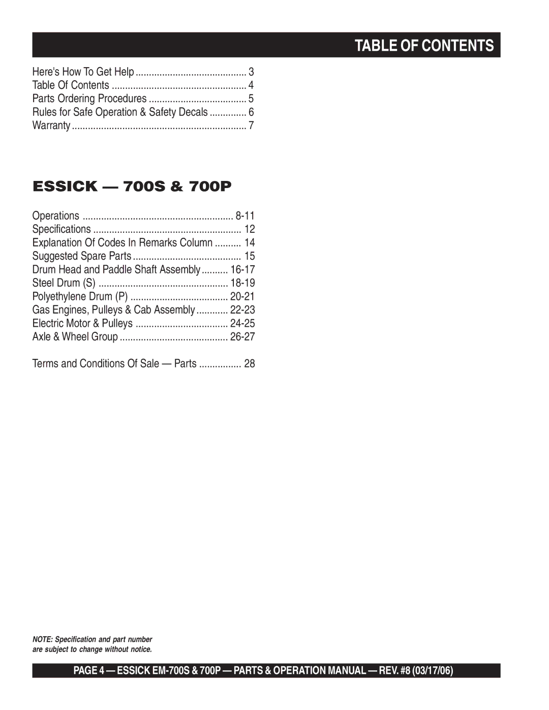 Essick Air EM-700P, EM-700S operation manual Table of Contents 