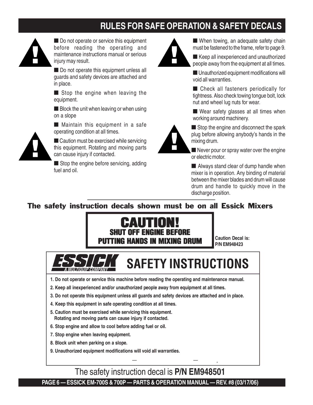 Essick Air EM-700P, EM-700S operation manual Safety Instructions, Rules for Safe Operation & Safety Decals 