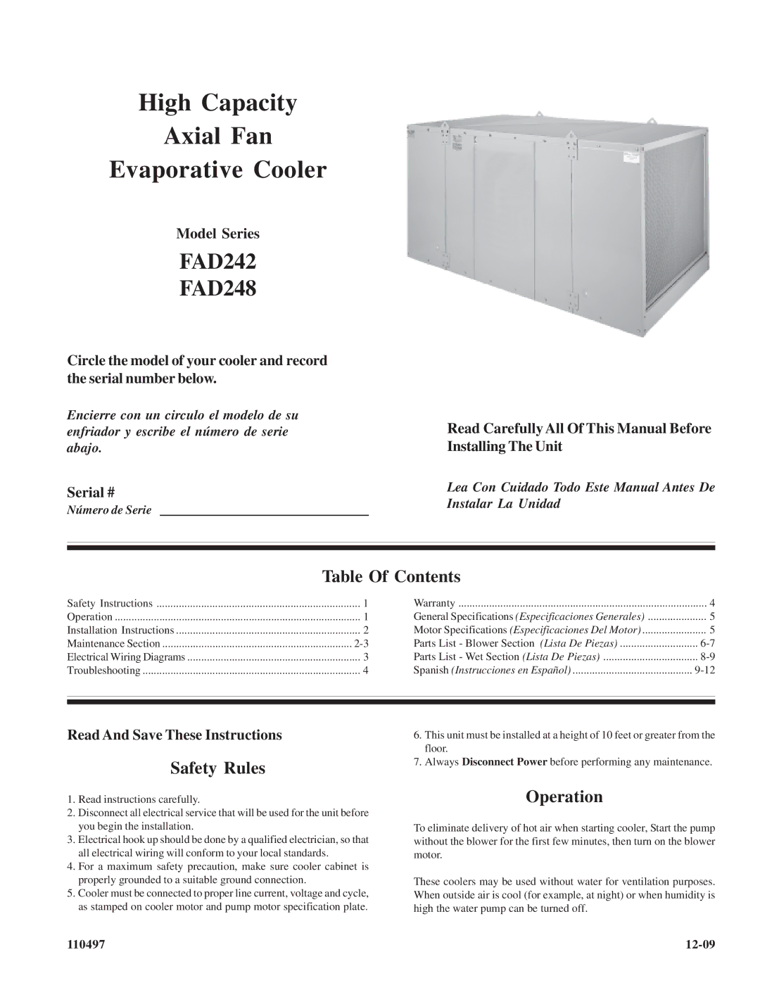 Essick Air FAD242, FAD248 installation instructions Table Of Contents, Safety Rules, Operation 