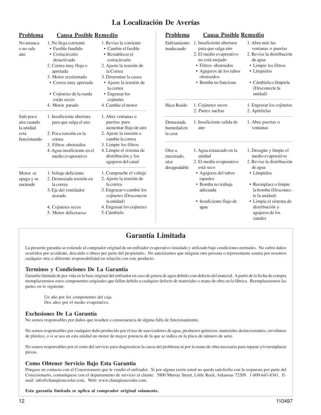 Essick Air FAD248, FAD242 installation instructions La Localización De Averías, Garantía Limitada 