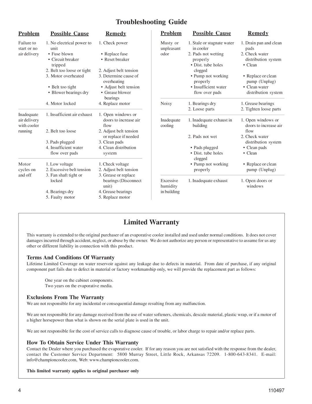 Essick Air FAD248, FAD242 installation instructions Troubleshooting Guide, Limited Warranty 