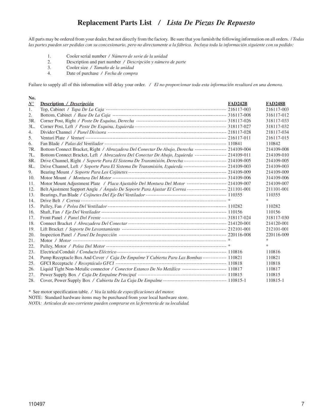 Essick Air FAD242, FAD248 installation instructions Replacement Parts List / Lista De Piezas De Repuesto, Description 