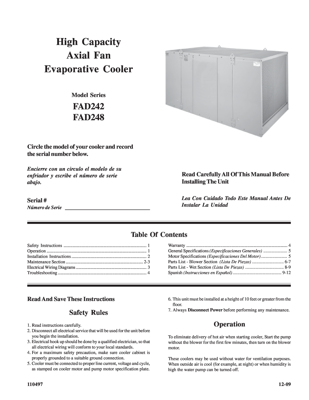 Essick Air FAD242, FAD248 installation instructions Table Of Contents, Safety Rules, Operation, Model Series, Serial # 