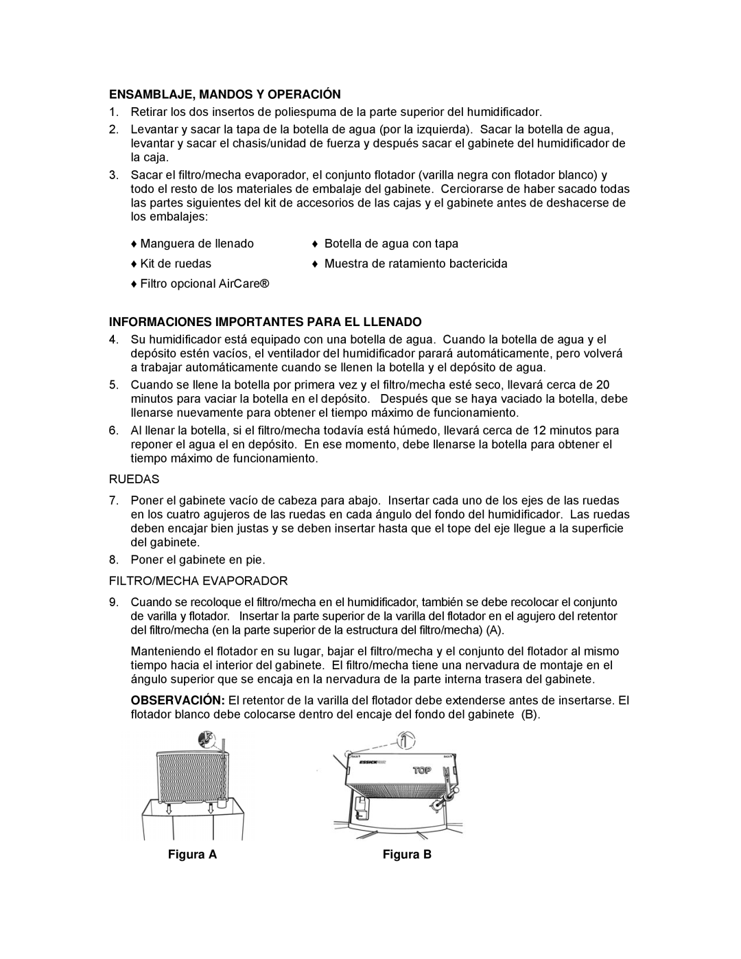 Essick Air H12 Series manual ENSAMBLAJE, Mandos Y Operación, Informaciones Importantes Para EL Llenado 