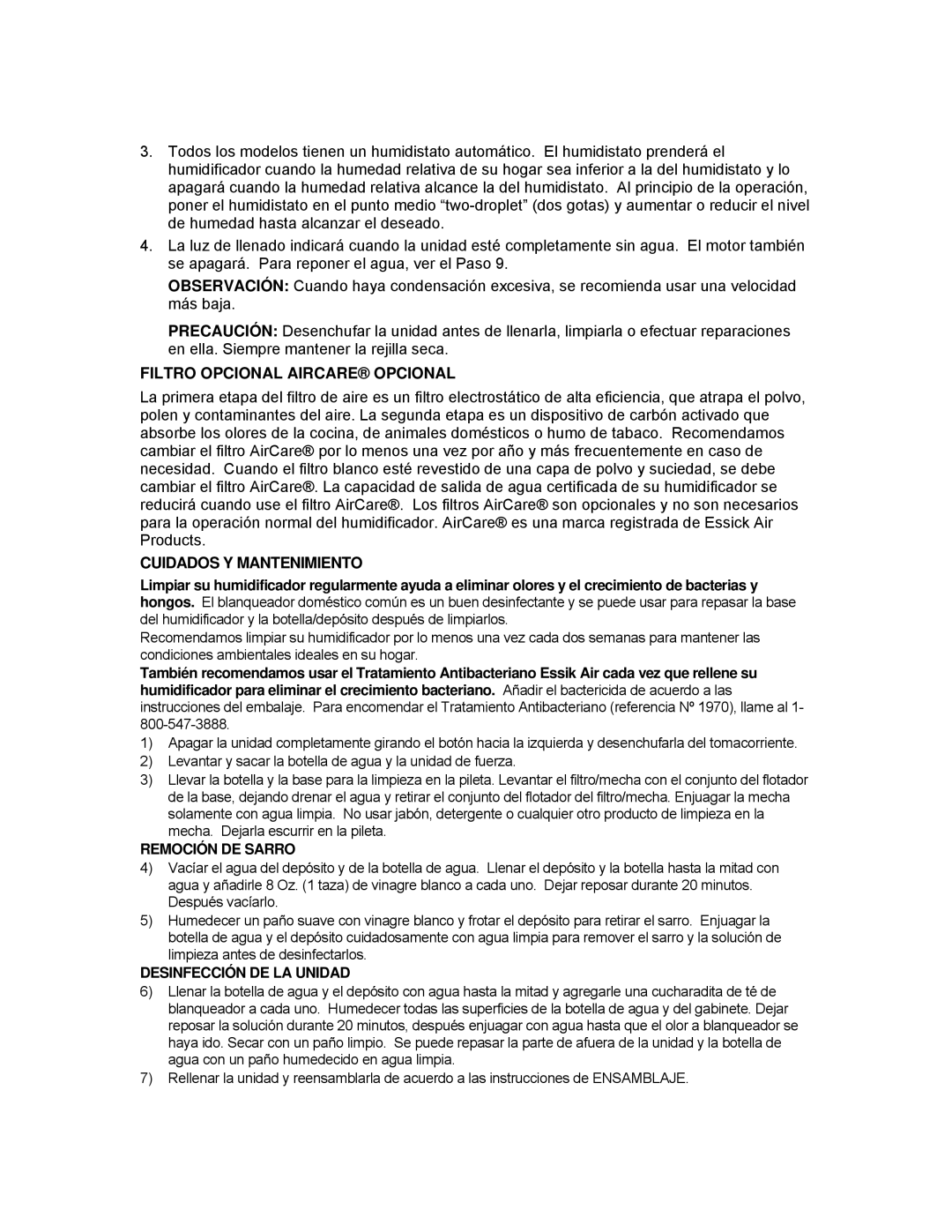 Essick Air H12 Series manual Filtro Opcional Aircare Opcional, Cuidados Y Mantenimiento, Remoción DE Sarro 