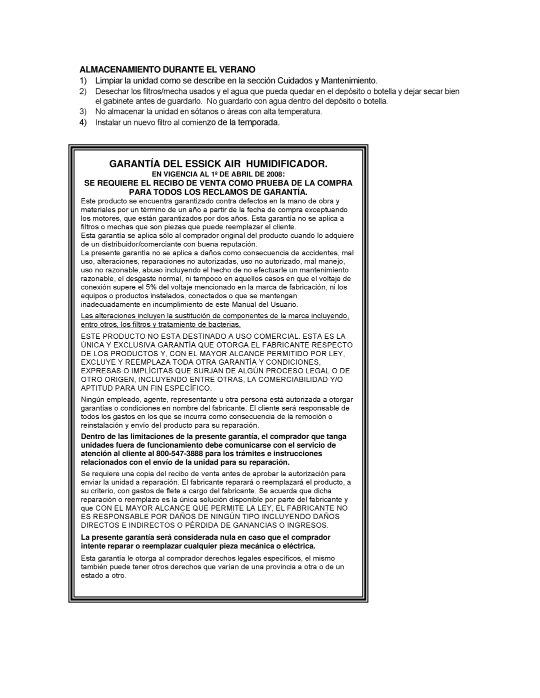 Essick Air H12 Series manual Garantía DEL Essick AIR Humidificador, Almacenamiento Durante EL Verano 