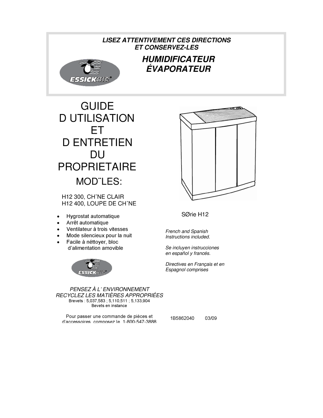 Essick Air H12 Series manual Guide ’UTILISATION ’ENTRETIEN Proprietaire, Série H12 