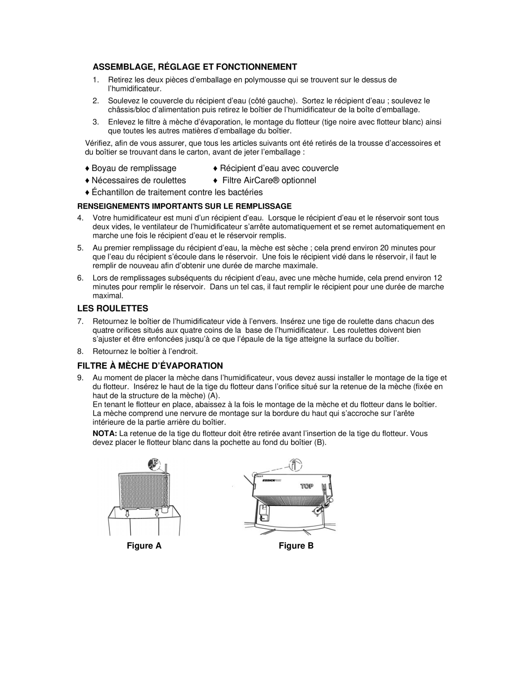 Essick Air H12 Series manual ASSEMBLAGE, Réglage ET Fonctionnement, LES Roulettes, Filtre À Mèche D’ÉVAPORATION 