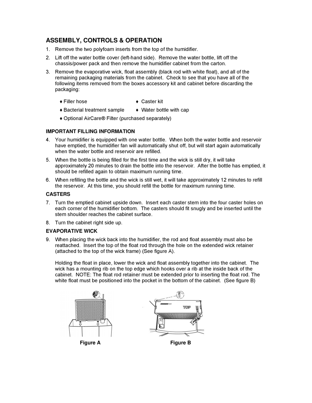 Essick Air H12 Series manual ASSEMBLY, Controls & Operation, Important Filling Information, Casters, Evaporative Wick 