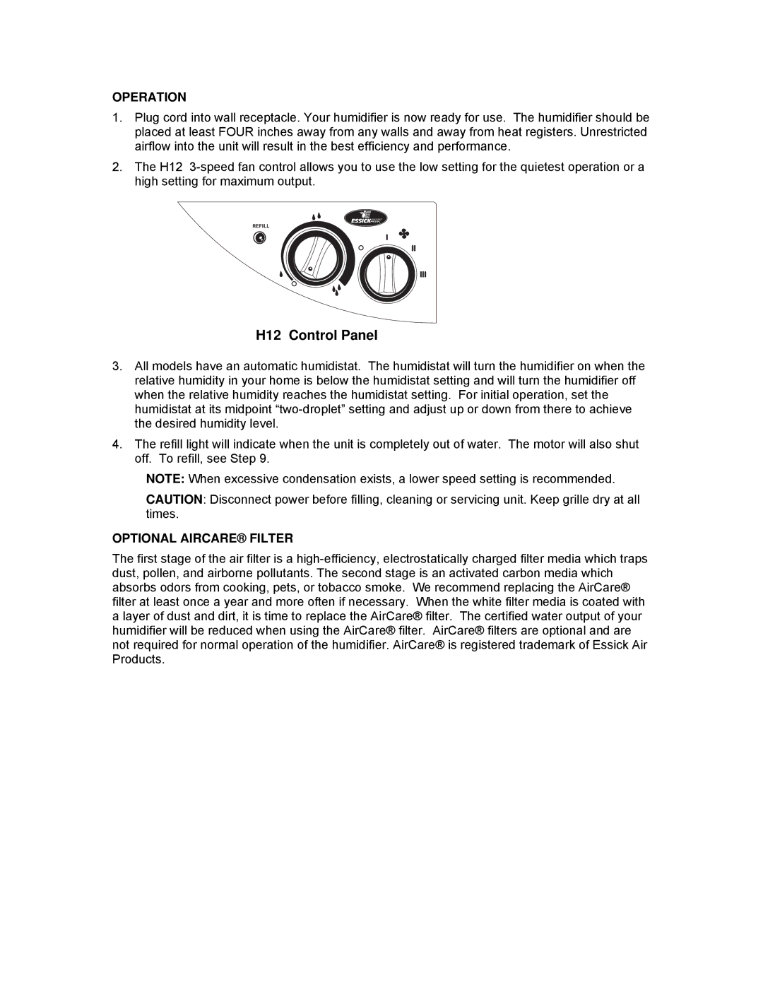 Essick Air H12 Series manual H12 Control Panel, Operation, Optional Aircare Filter 