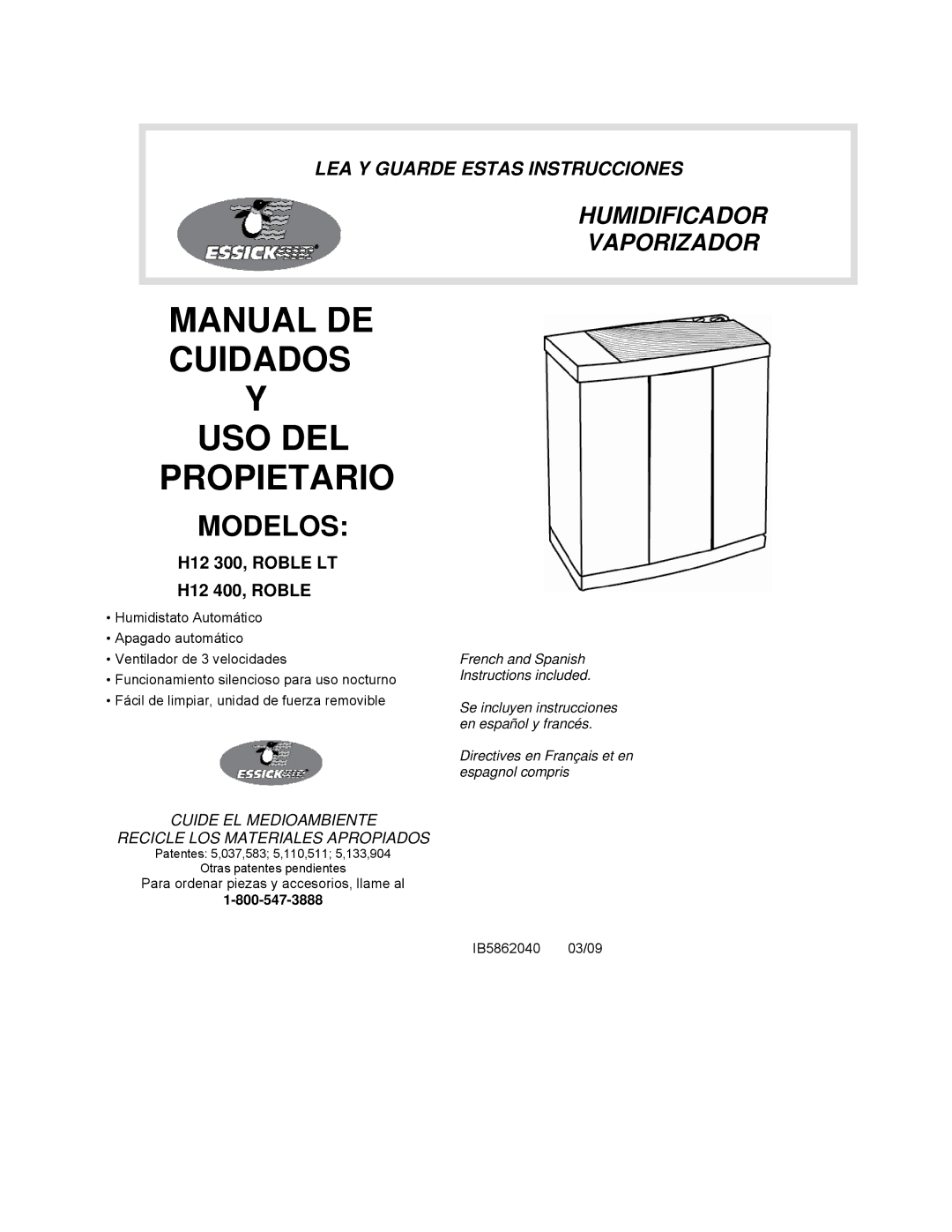 Essick Air H12 Series manual Manual DE Cuidados Y USO DEL Propietario, H12 300, Roble LT H12 400, Roble 