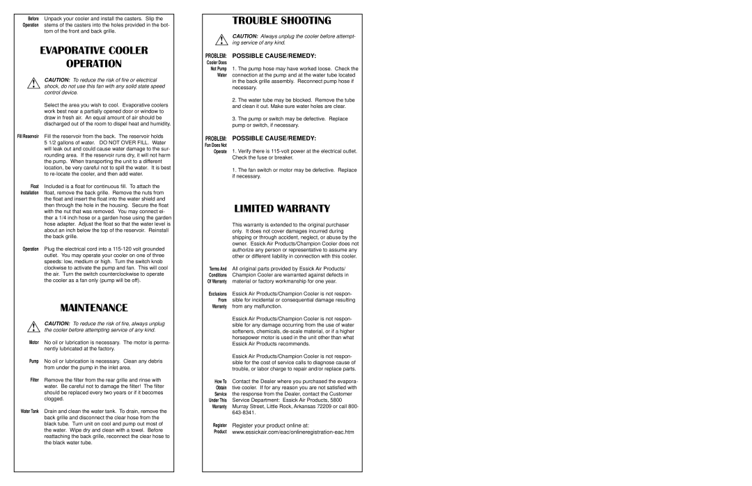 Essick Air M150 instruction manual Evaporative Cooler Operation, Maintenance, Trouble Shooting, Limited Warranty 