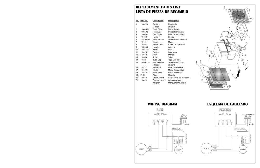 Essick Air M150 instruction manual Replacement Parts List Lista DE Piezas DE Recambio, Wiring Diagram Esquema DE Cableado 