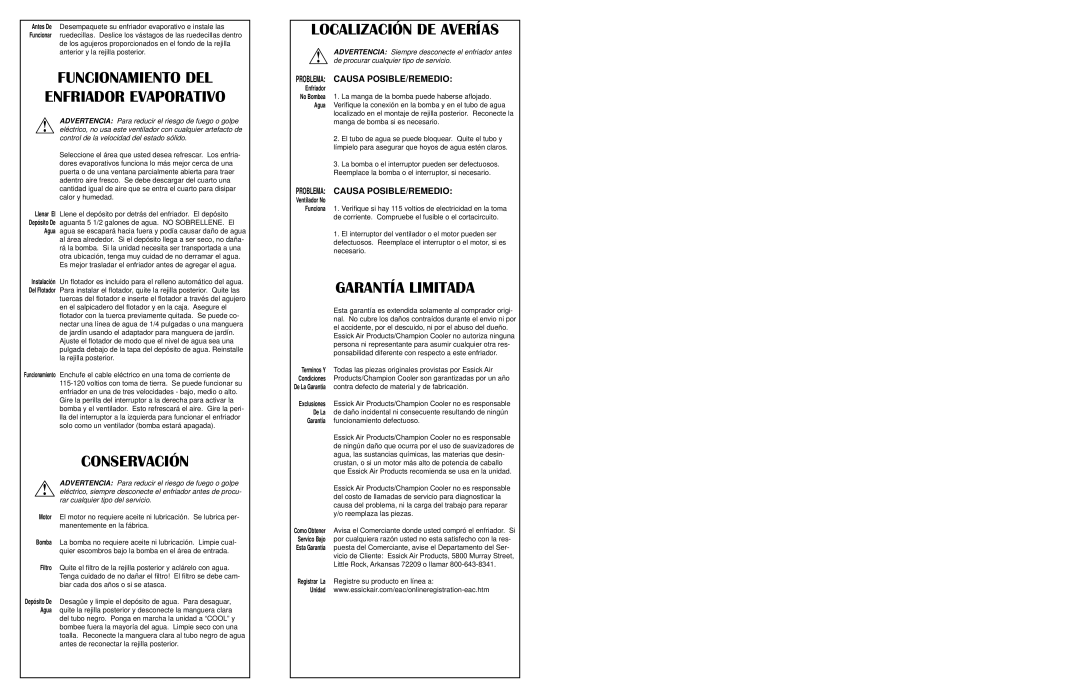 Essick Air M150 Funcionamiento DEL Enfriador Evaporativo, Conservación, Localización DE Averías, Garantía Limitada 