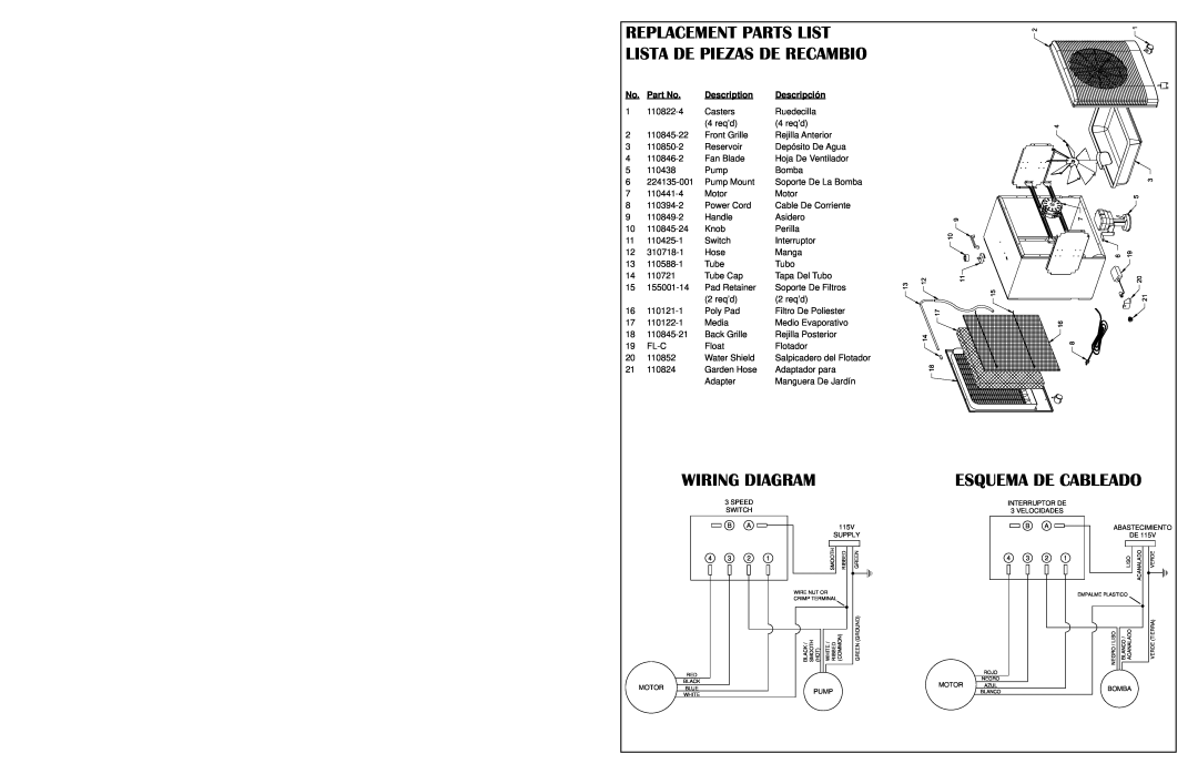 Essick Air M150 Replacement Parts List, Lista De Piezas De Recambio, Wiring Diagram, Esquema De Cableado, Description 