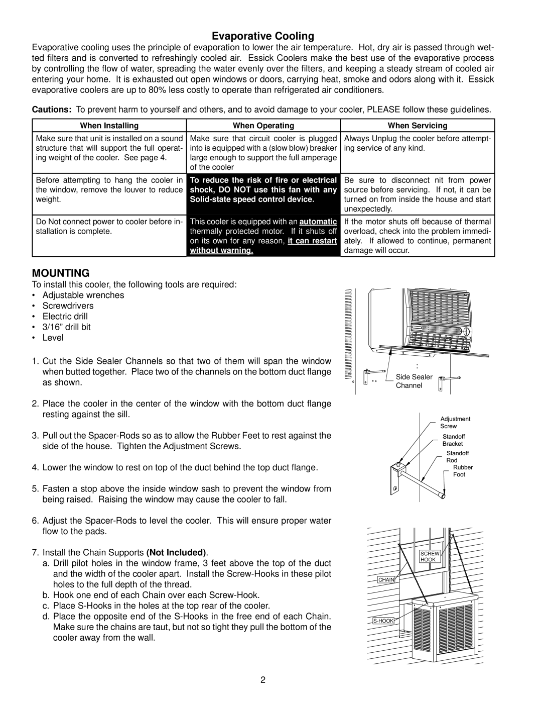 Essick Air N30W instruction manual Evaporative Cooling, Mounting 