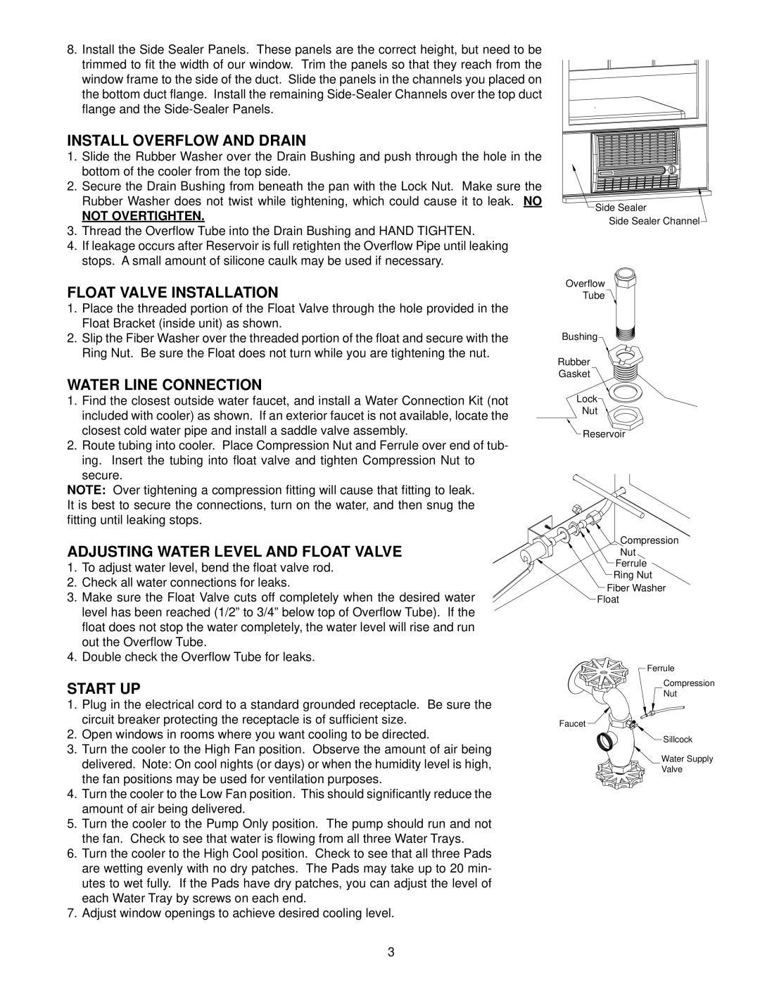 Essick Air N30W instruction manual Install Overflow and Drain, Float Valve Installation, Water Line Connection, Start UP 