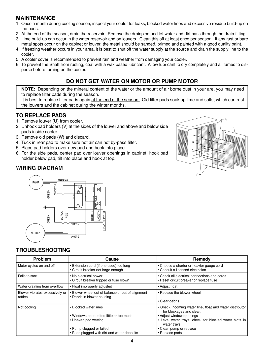 Essick Air N30W Maintenance, Do not GET Water on Motor or Pump Motor, To Replace Pads, Wiring Diagram Troubleshooting 