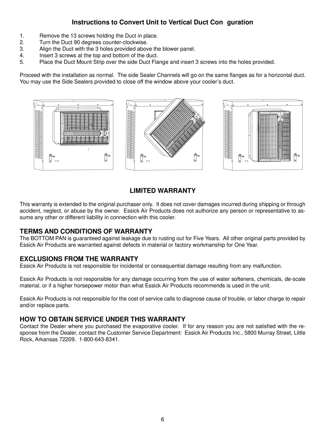 Essick Air N30W Instructions to Convert Unit to Vertical Duct Conﬁguration, Limited Warranty, Exclusions from the Warranty 