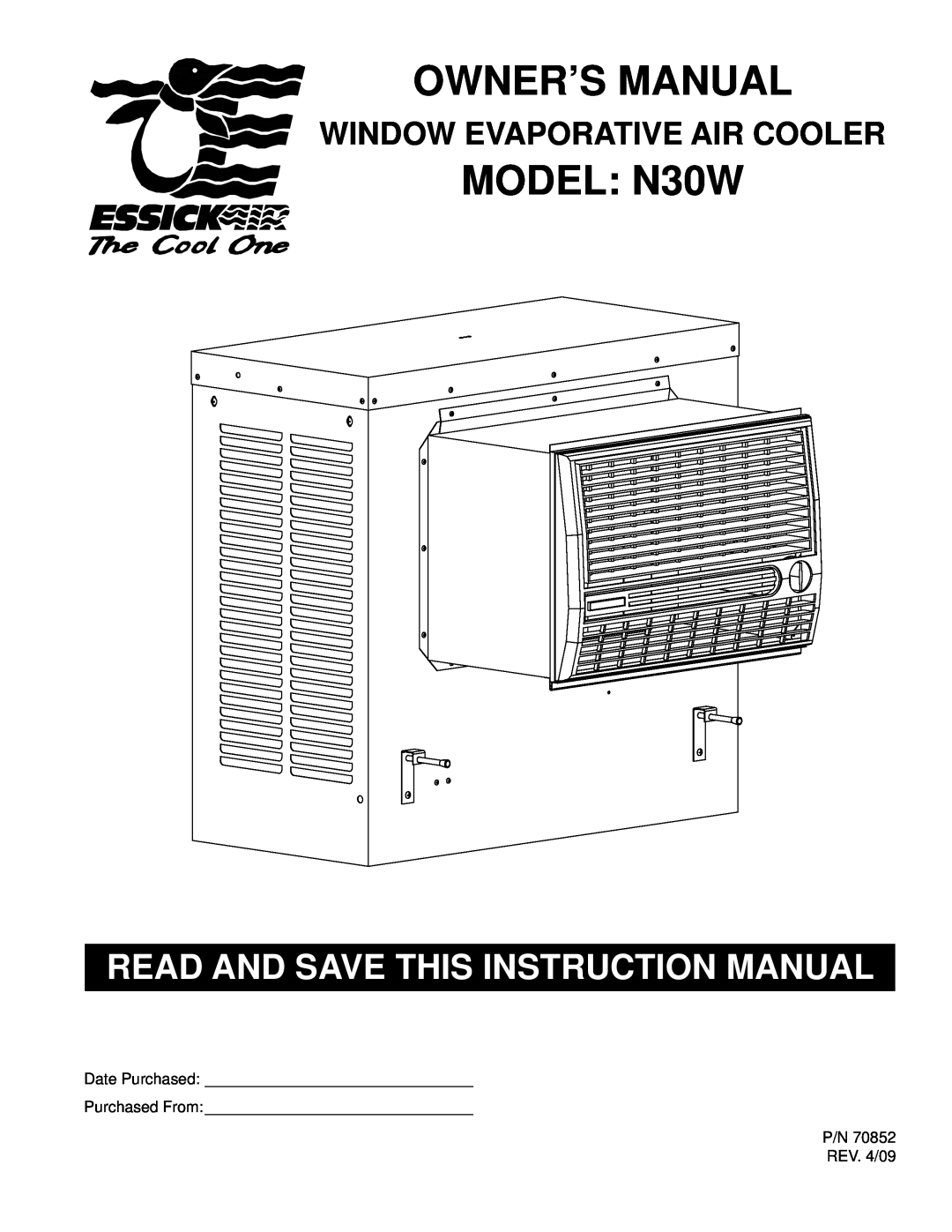 Essick Air instruction manual MODEL N30W, Window Evaporative Air Cooler 