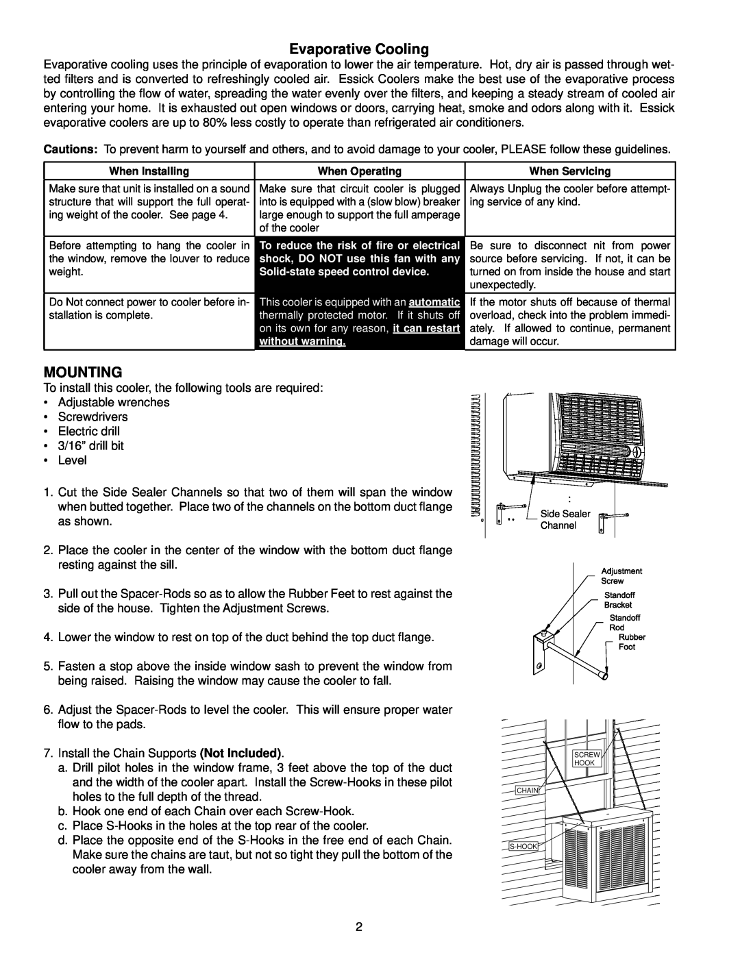 Essick Air N30W instruction manual Evaporative Cooling, Mounting 