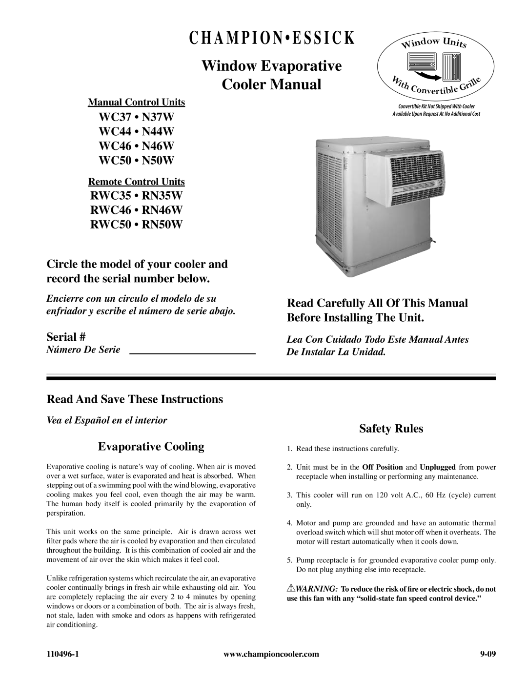 Essick Air manual WC37 N37W WC44 N44W WC46 N46W WC50 N50W, RWC35 RN35W RWC46 RN46W RWC50 RN50W, Serial #, Safety Rules 