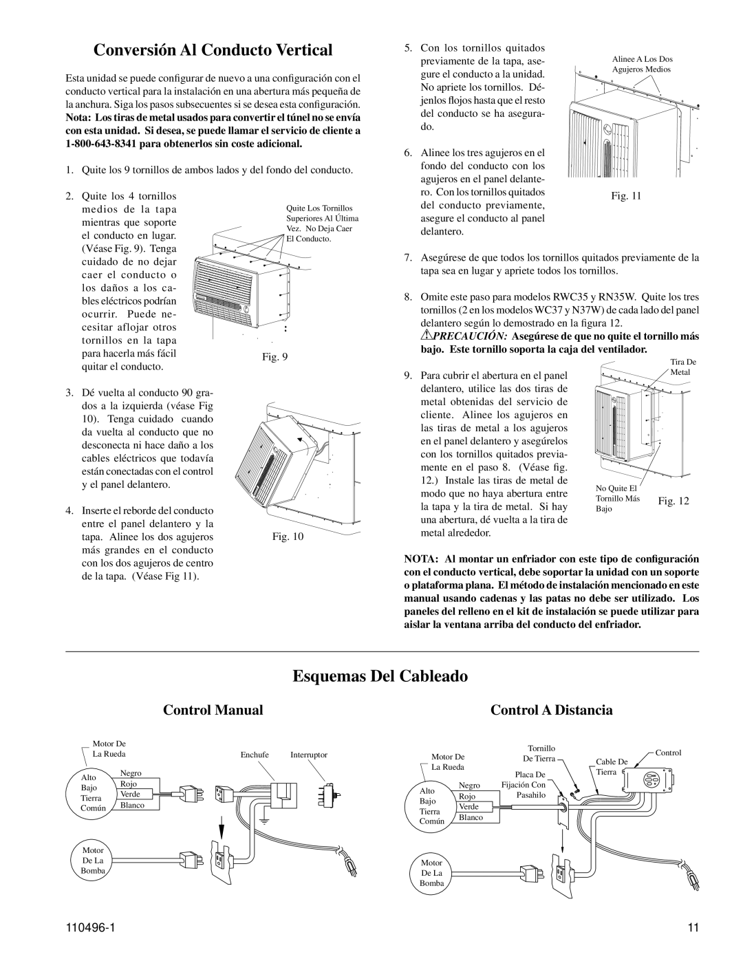 Essick Air RN50W manual Conversión Al Conducto Vertical, Esquemas Del Cableado, Control Manual Control a Distancia 