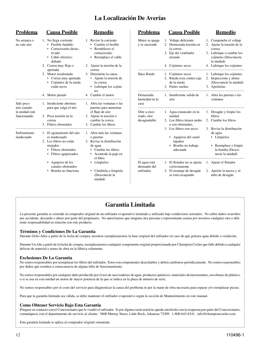 Essick Air RN50W manual La Localización De Averías, Garantía Limitada, Problema Causa Posible Remedio 