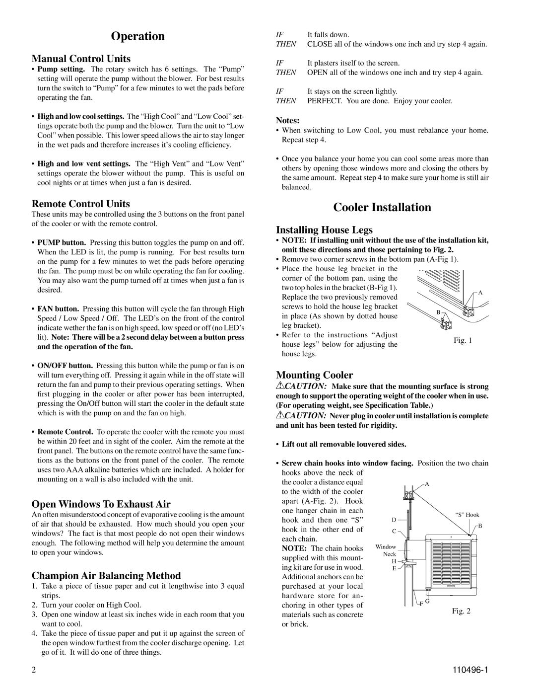 Essick Air RN50W manual Operation, Cooler Installation 