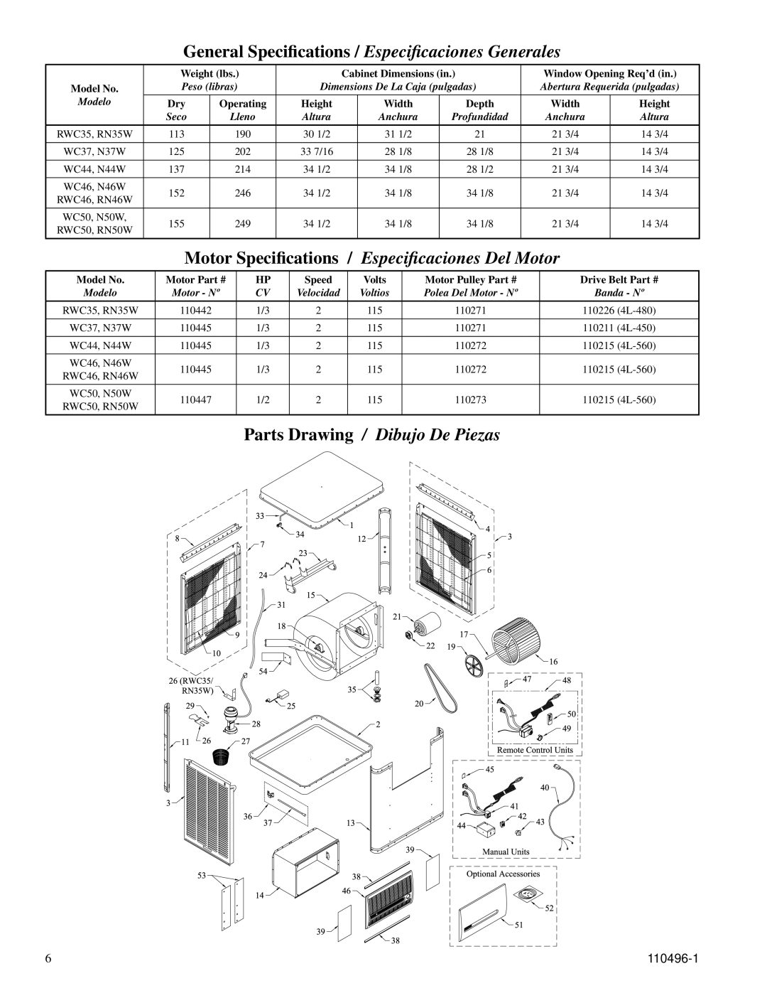 Essick Air RN50W manual Parts Drawing / Dibujo De Piezas 