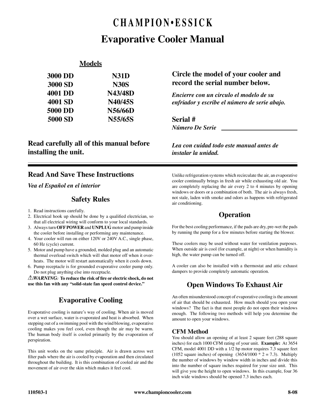 Essick Air N55S manual Models, 3000 DD, 3000 SD, 4001 DD, 4001 SD, 5000 DD, 5000 SD, Serial #, Safety Rules, Operation 