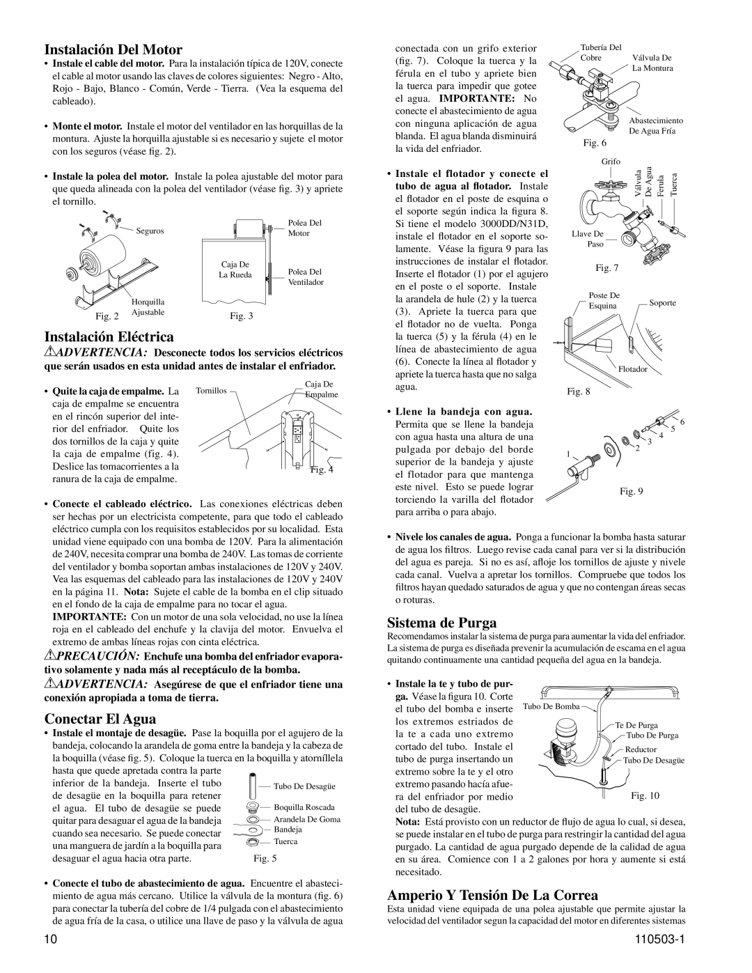 Essick Air N43D, N56D, N55S, N40S manual Instalación Del Motor, Instalación Eléctrica, Conectar El Agua, Sistema de Purga 