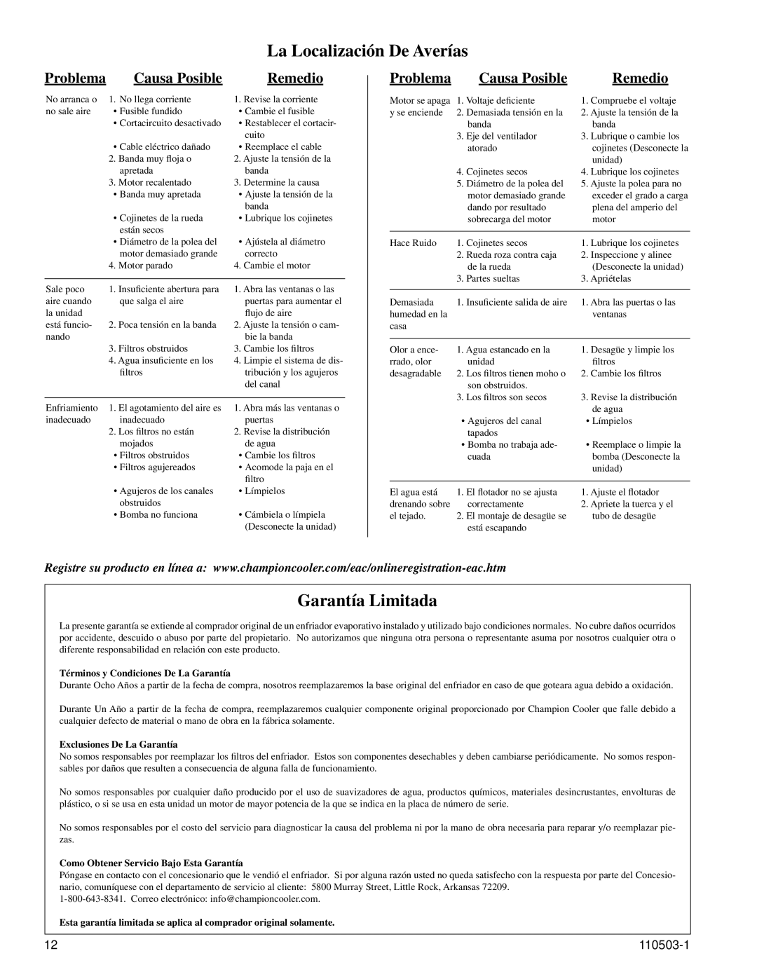 Essick Air N56D, N55S, N43D, N40S manual La Localización De Averías, Garantía Limitada, Problema Causa Posible Remedio 