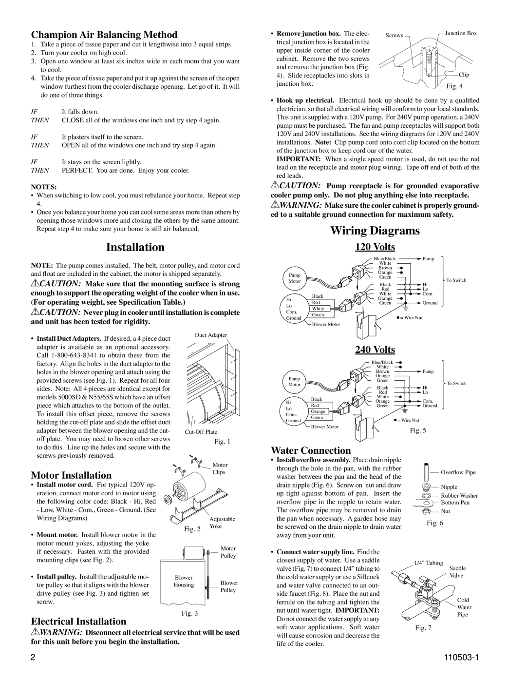 Essick Air N43D, N56D, N55S, N40S manual Installation, Wiring Diagrams 