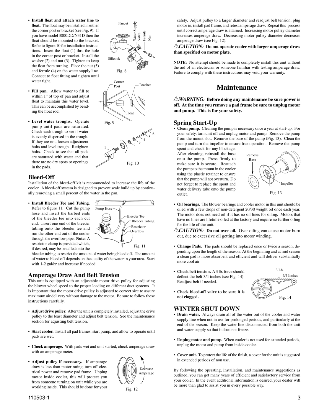 Essick Air N40S, N56D, N55S, N43D manual Maintenance, Spring Start-Up, Bleed-Off, Amperage Draw And Belt Tension 