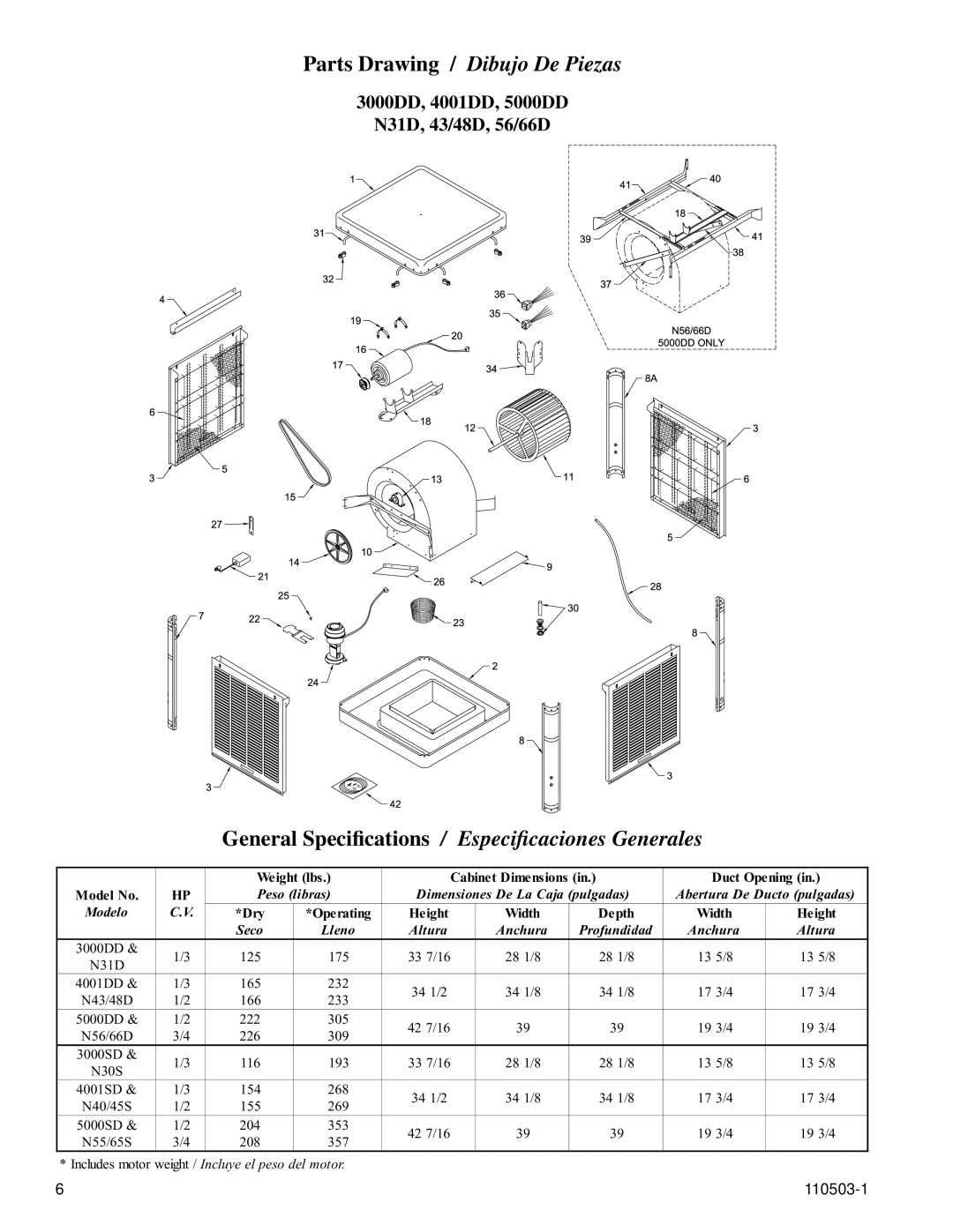 Essick Air N43D, N56D, N55S, N40S manual Parts Drawing / Dibujo De Piezas, General Speciﬁcations, Especiﬁcaciones Generales 