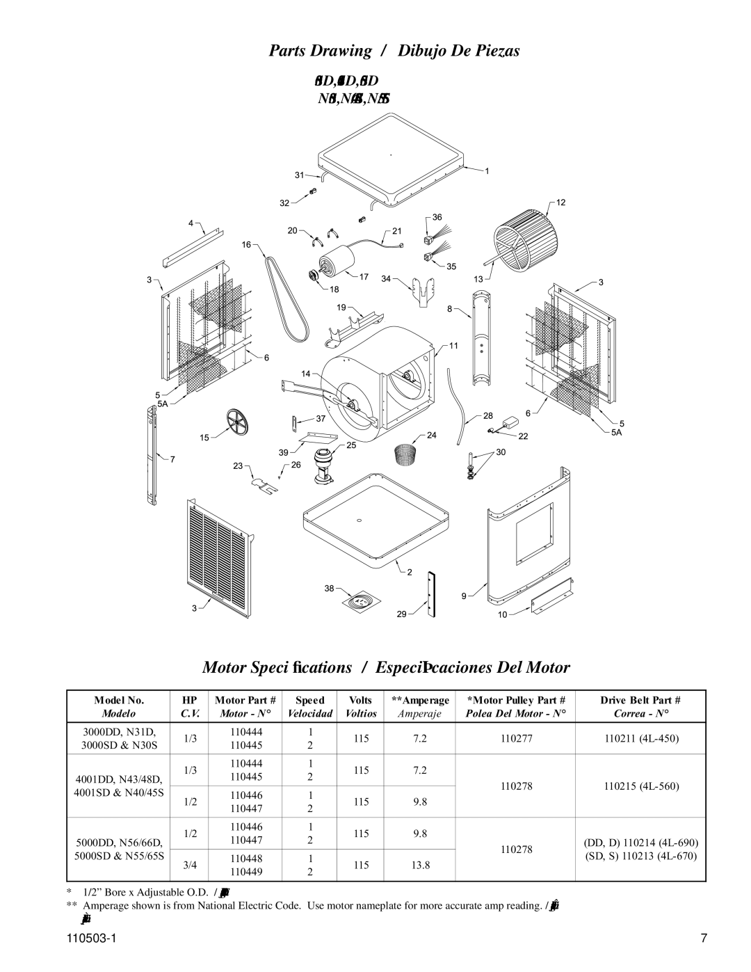 Essick Air N40S, N56D, N55S Motor Speciﬁcations / Especiﬁcaciones Del Motor, 3000SD, 4001SD, 5000SD N30S, N40/45S, N55/65S 