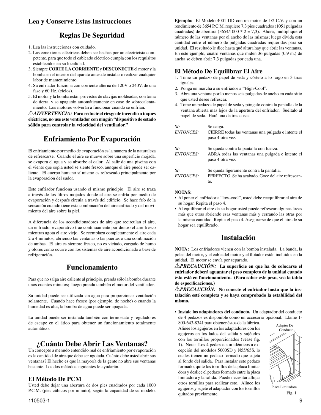 Essick Air N55S, N56D Reglas De Seguridad, Enfriamiento Por Evaporación, Funcionamiento, ¿Cuánto Debe Abrir Las Ventanas? 