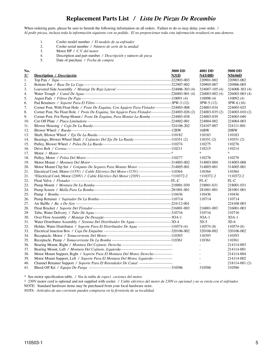 Essick Air N65S Replacement Parts List / Lista De Piezas De Recambio, 3000 DD 4001 DD 5000 DD, N31D N43/48D N56/66D 