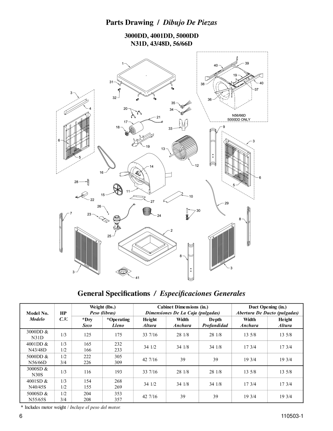 Essick Air N43, N65S, N66D, N55, N40, N45S Parts Drawing / Dibujo De Piezas, General Speciﬁcations, Especiﬁcaciones Generales 