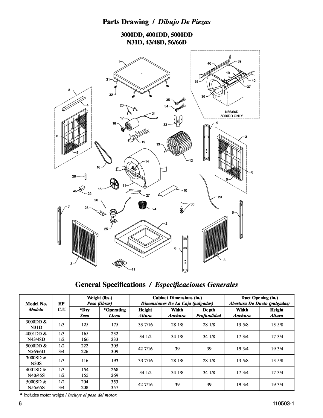 Essick Air N43, N65S, N66D, N55 Especiﬁcaciones Generales, Parts Drawing / Dibujo De Piezas, General Speciﬁcations, 110503-1 