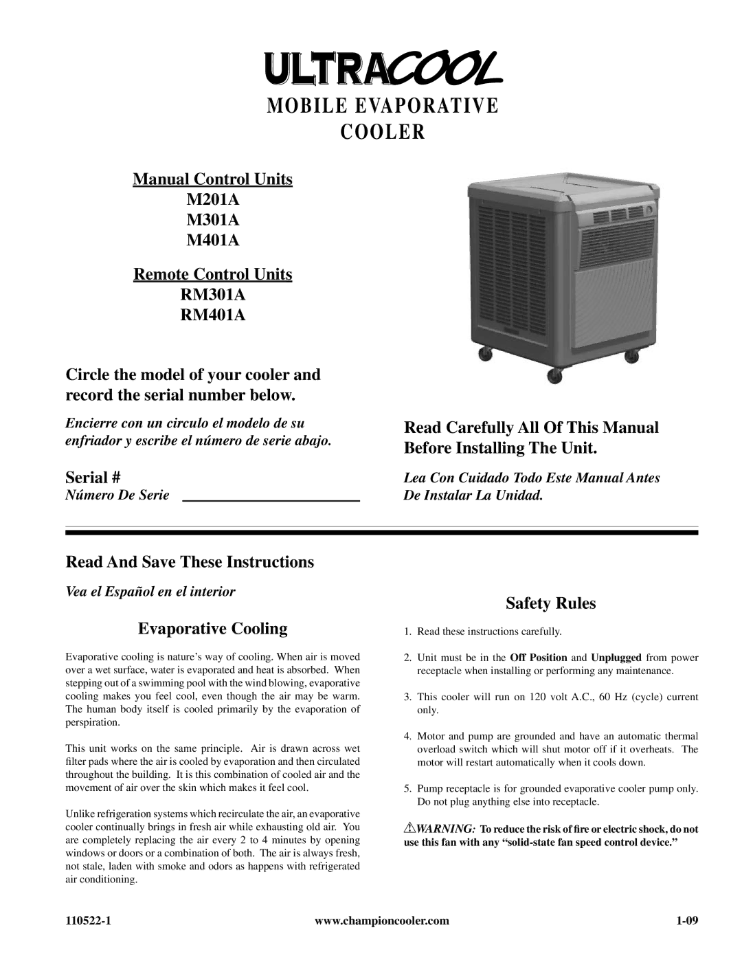 Essick Air RM301A, RM401A, M201A manual Serial #, Read And Save These Instructions, Evaporative Cooling, Safety Rules 