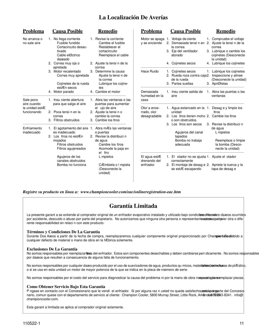 Essick Air RM301A, RM401A, M201A manual La Localización De Averías, Garantía Limitada, Problema Causa Posible Remedio 