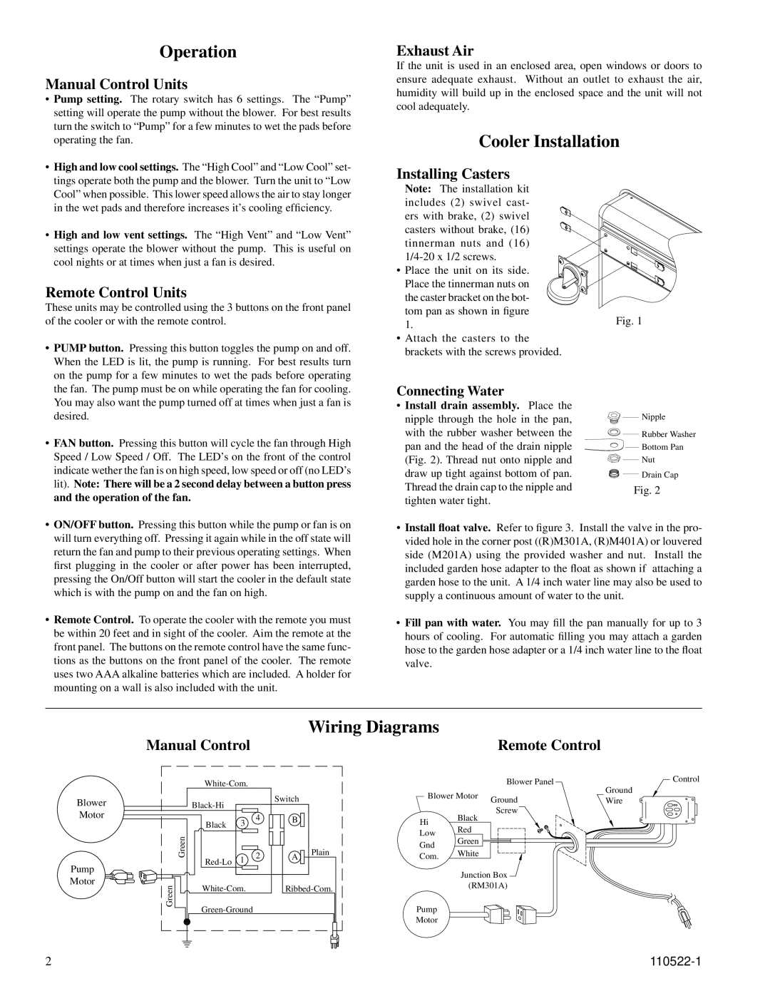 Essick Air RM401A, RM301A, M201A manual Operation, Cooler Installation, Wiring Diagrams 