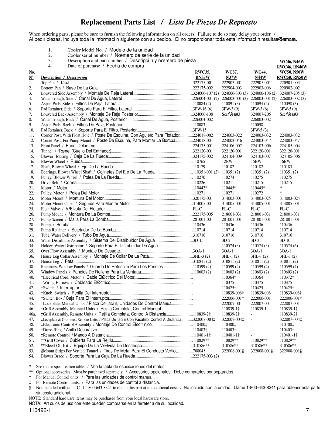 Essick Air N46W, RN35W, N44W Replacement Parts List / Lista De Piezas De Repuesto, Date of purchase / Fecha de compra, Fl-C 