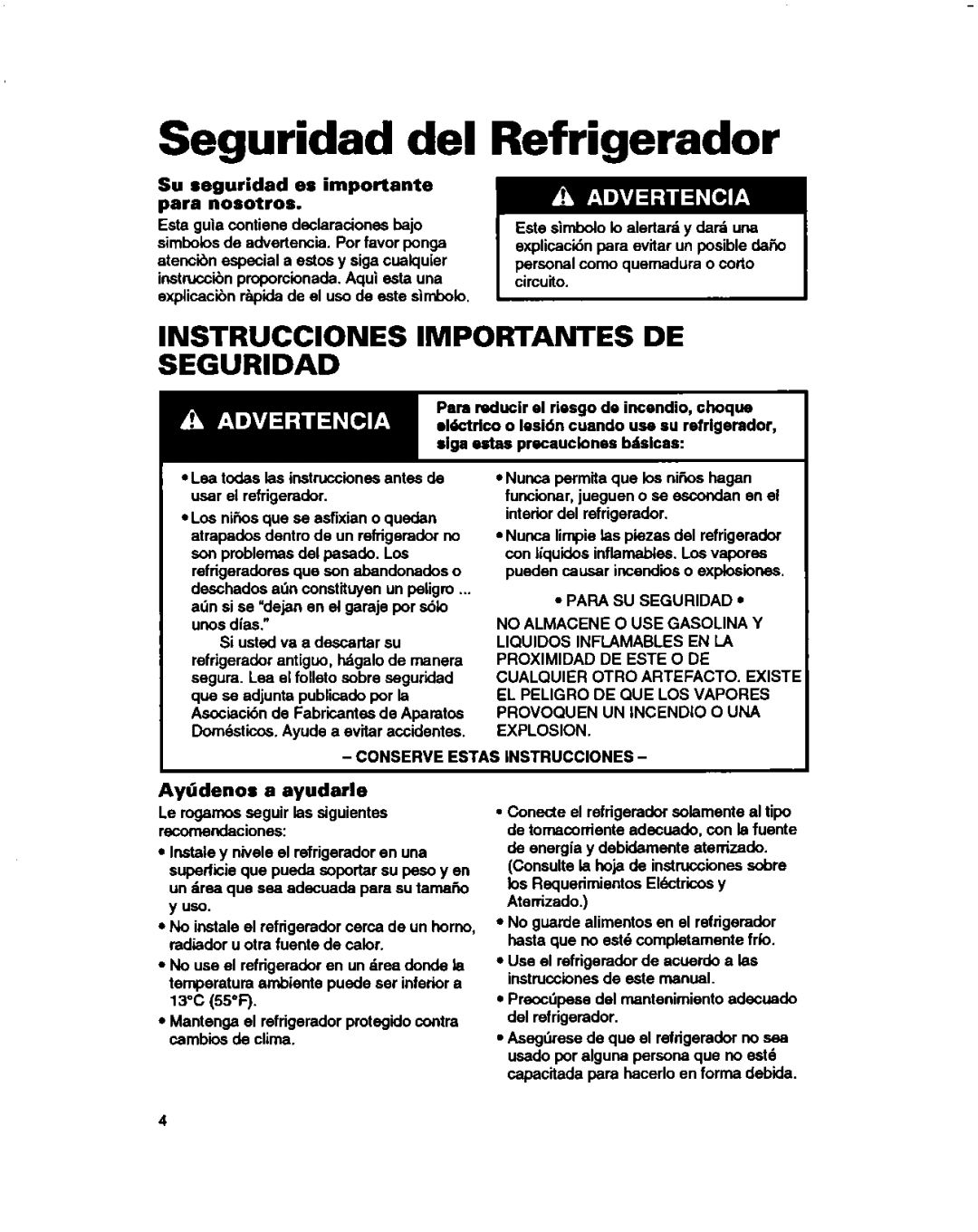 Estate 2173445 warranty Seguridad del Refrigerador, Su seguridad es importante para nosotros, Aytidenos a ayudarle 