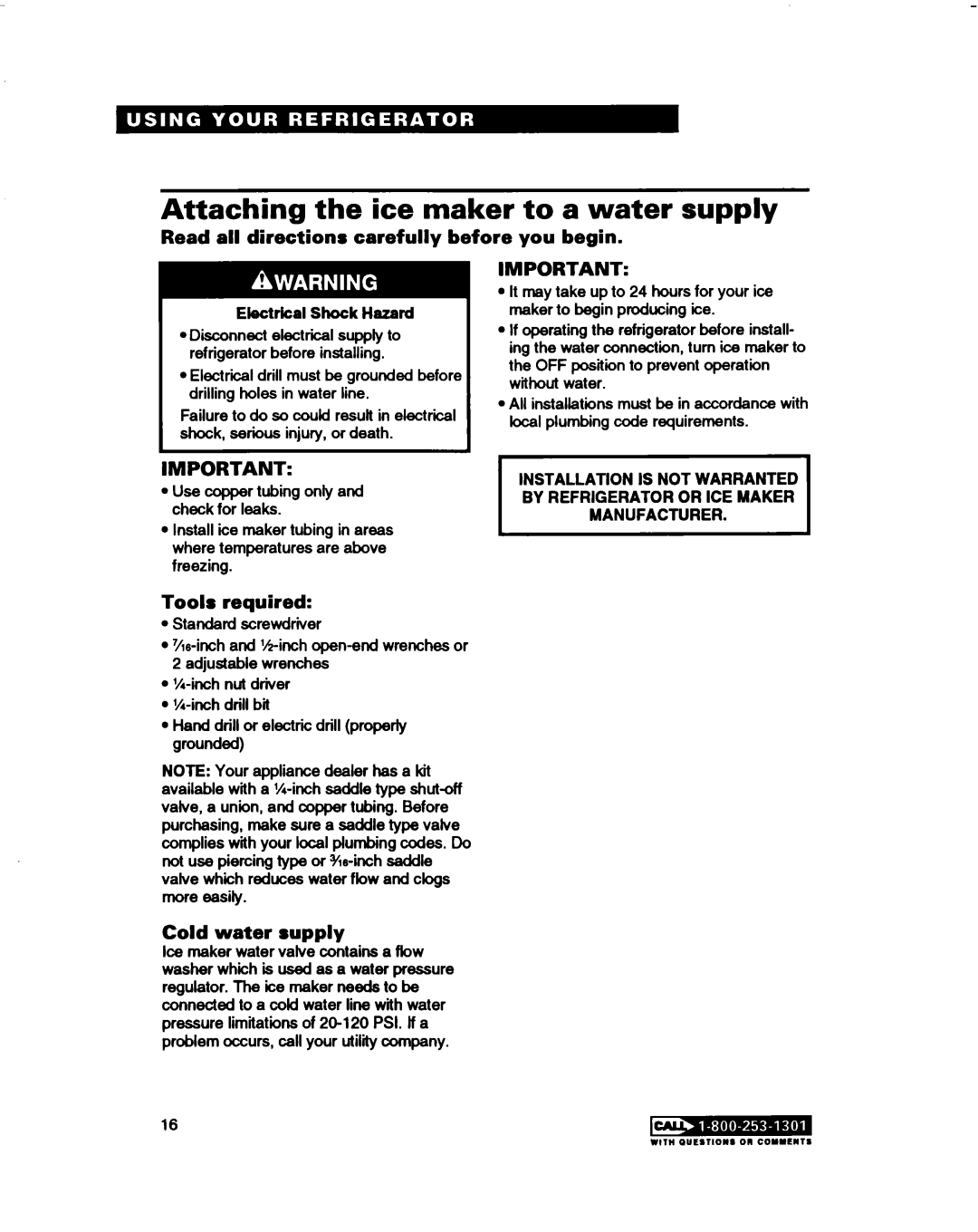Estate 2173445 Attaching the ice maker to a water supply, Read all directions carefully before you begin, Tools required 