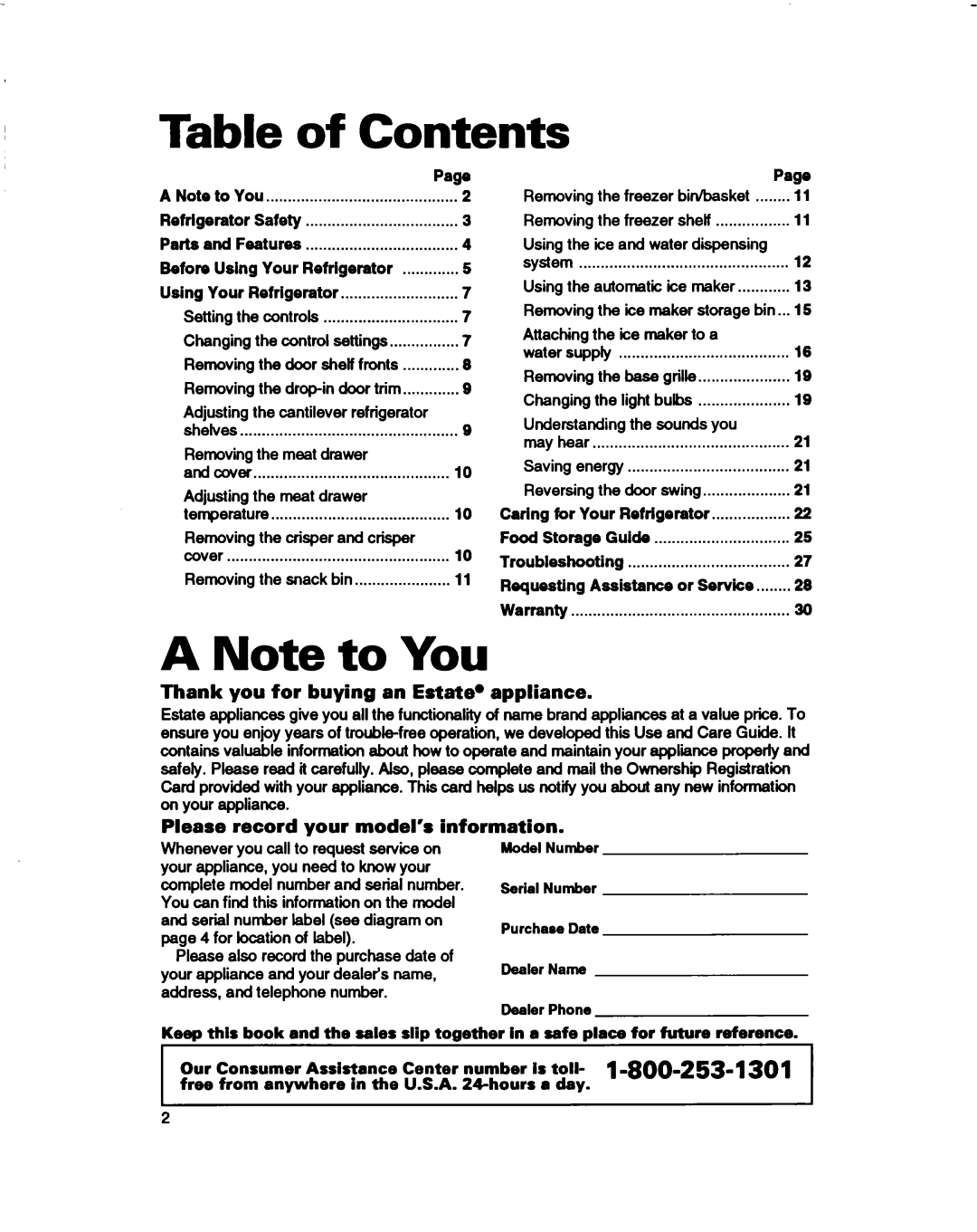 Estate 2173445 warranty Table, Contents, A Note to You, Thank you for buying an Estate. appliance 