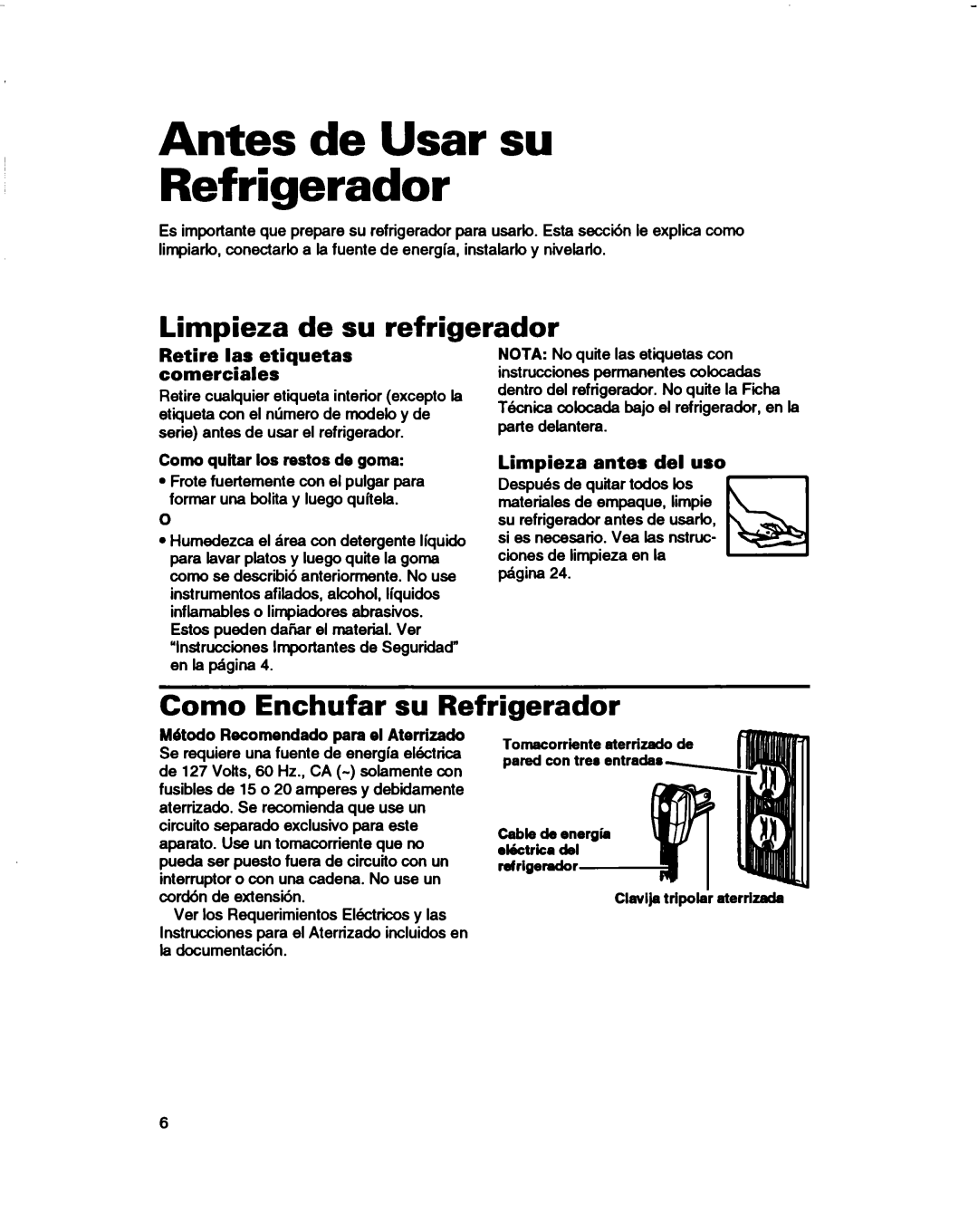 Estate 2173445 warranty Antes de Usar su Refrigerador, Limpieza de su refrigerador, Como Enchufar su Refrigerador 