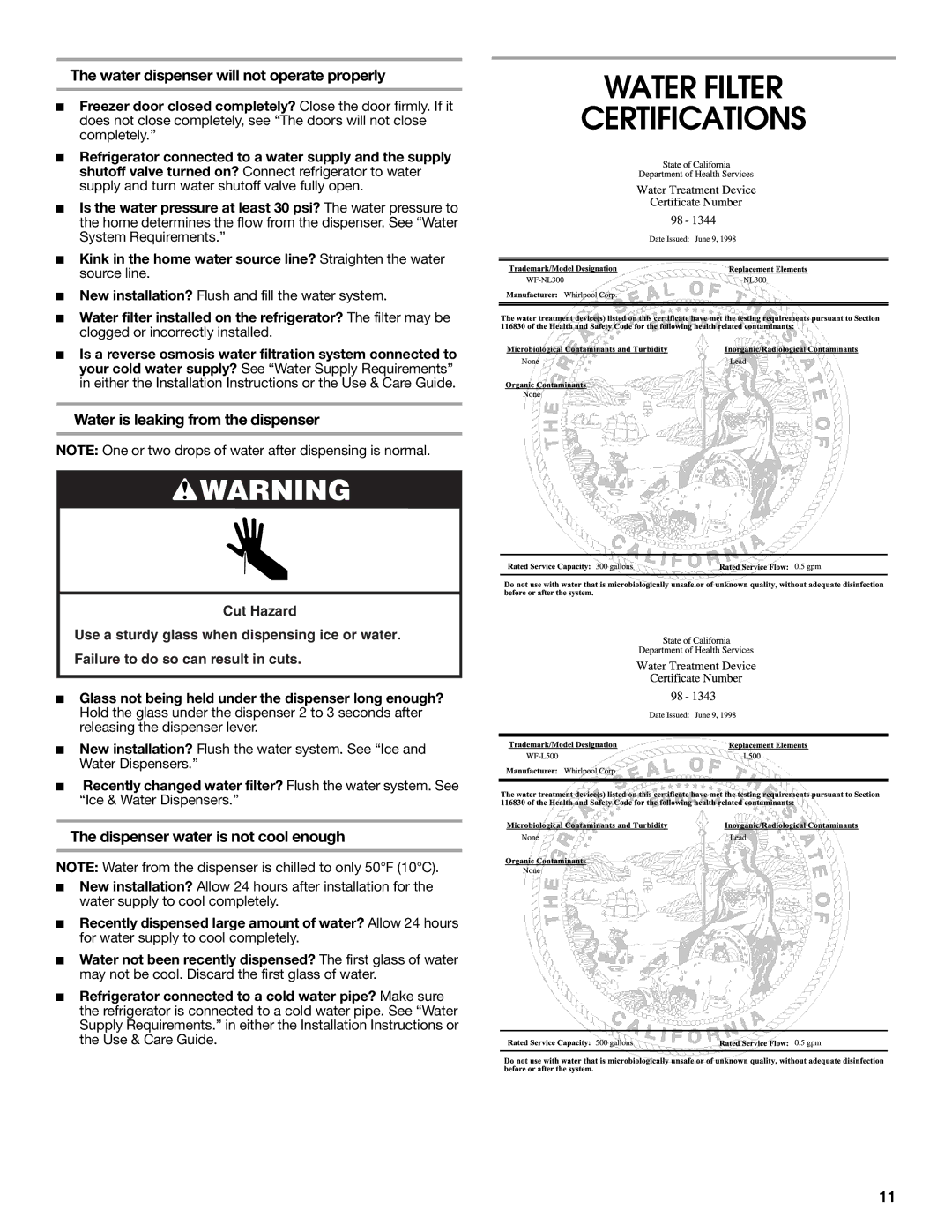 Estate 2315225 Water Filter Certifications, Water dispenser will not operate properly, Water is leaking from the dispenser 